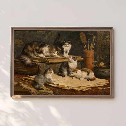 Charles Van den Eycken - Сat with Kittens, Original vintage painting, Printable fine art  instant download, SKU  311CE