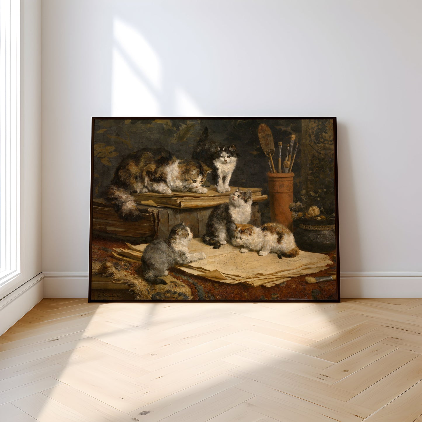 Charles Van den Eycken - Сat with Kittens, Original vintage painting, Printable fine art  instant download, SKU  311CE