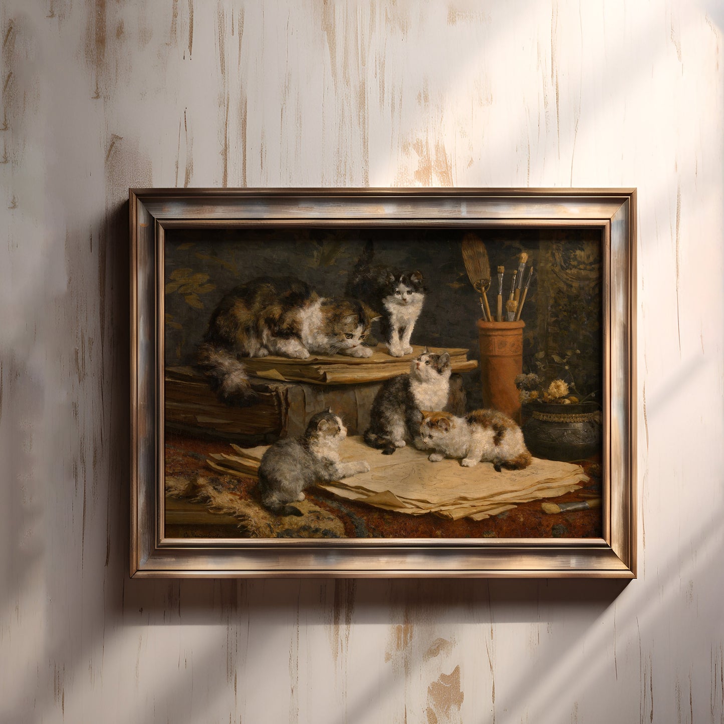Charles Van den Eycken - Сat with Kittens, Original vintage painting, Printable fine art  instant download, SKU  311CE
