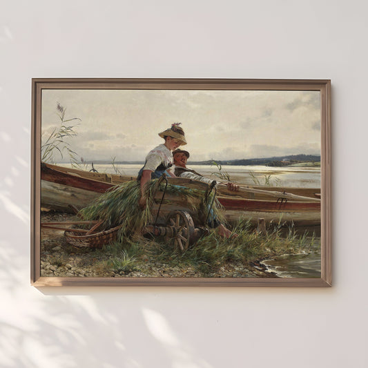 Couple in Love in Boat  - Carl Raup , original antique oil figure painting , vintage Printable art instant download , SKU 320CR