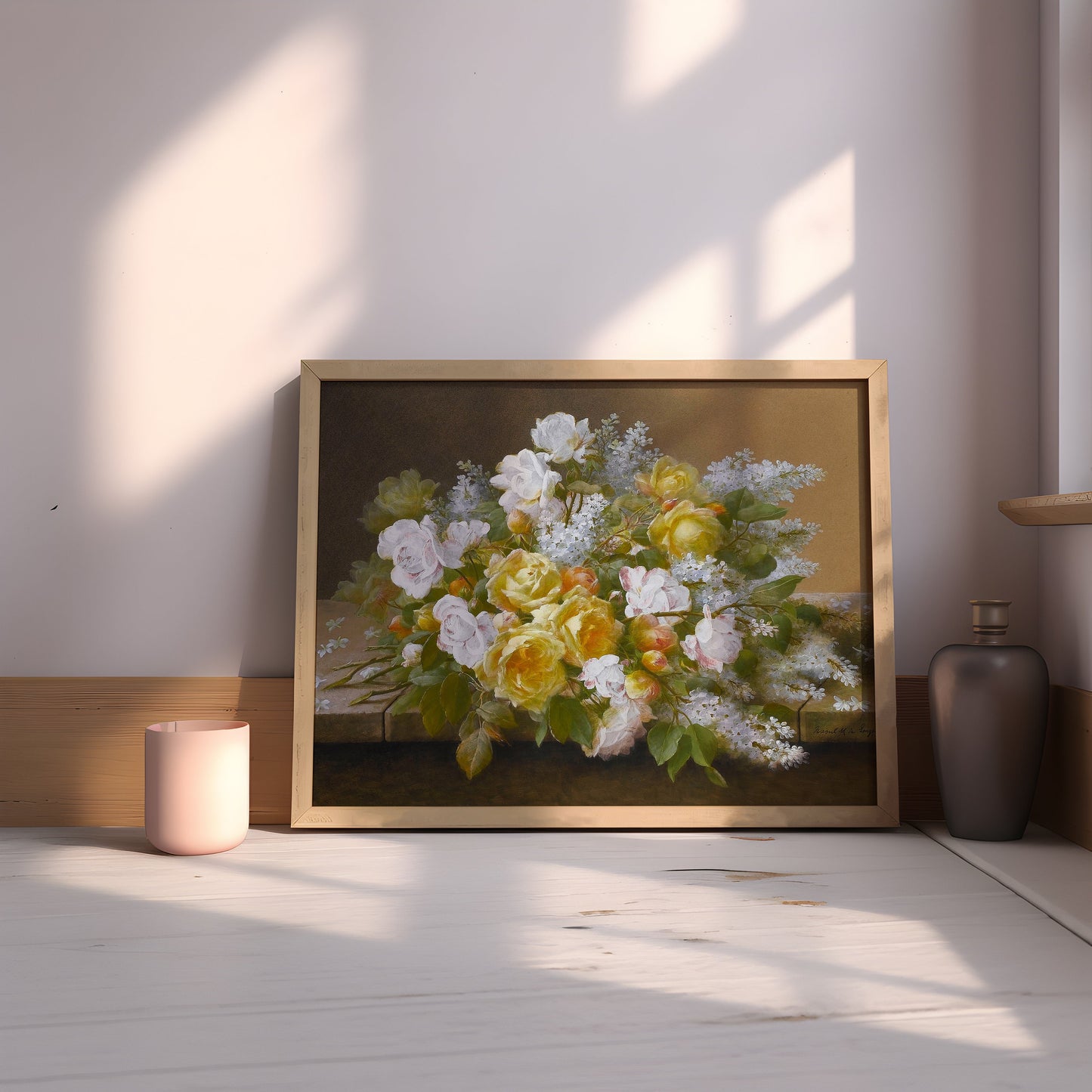 Still Life Flowers, Raoul Longpre - White and Yellow Roses, original antique fine art  vintage, Printable art  instant download, SKU  325RL
