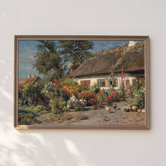 Peder Monsted - Cottage Garden with Chickens , Original antique painting , vintage Printable art instant download , SKU 336PM