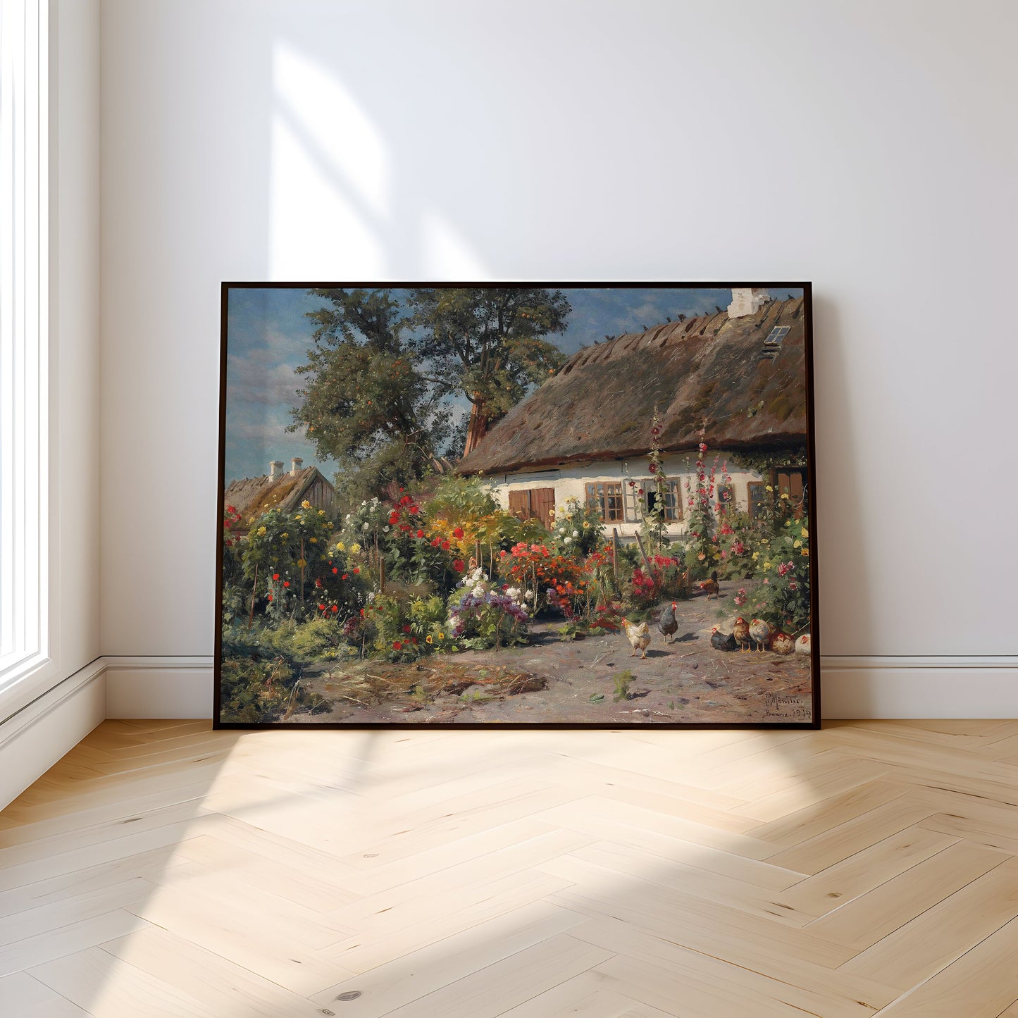 Peder Monsted - Cottage Garden with Chickens , Original antique painting , vintage Printable art instant download , SKU 336PM