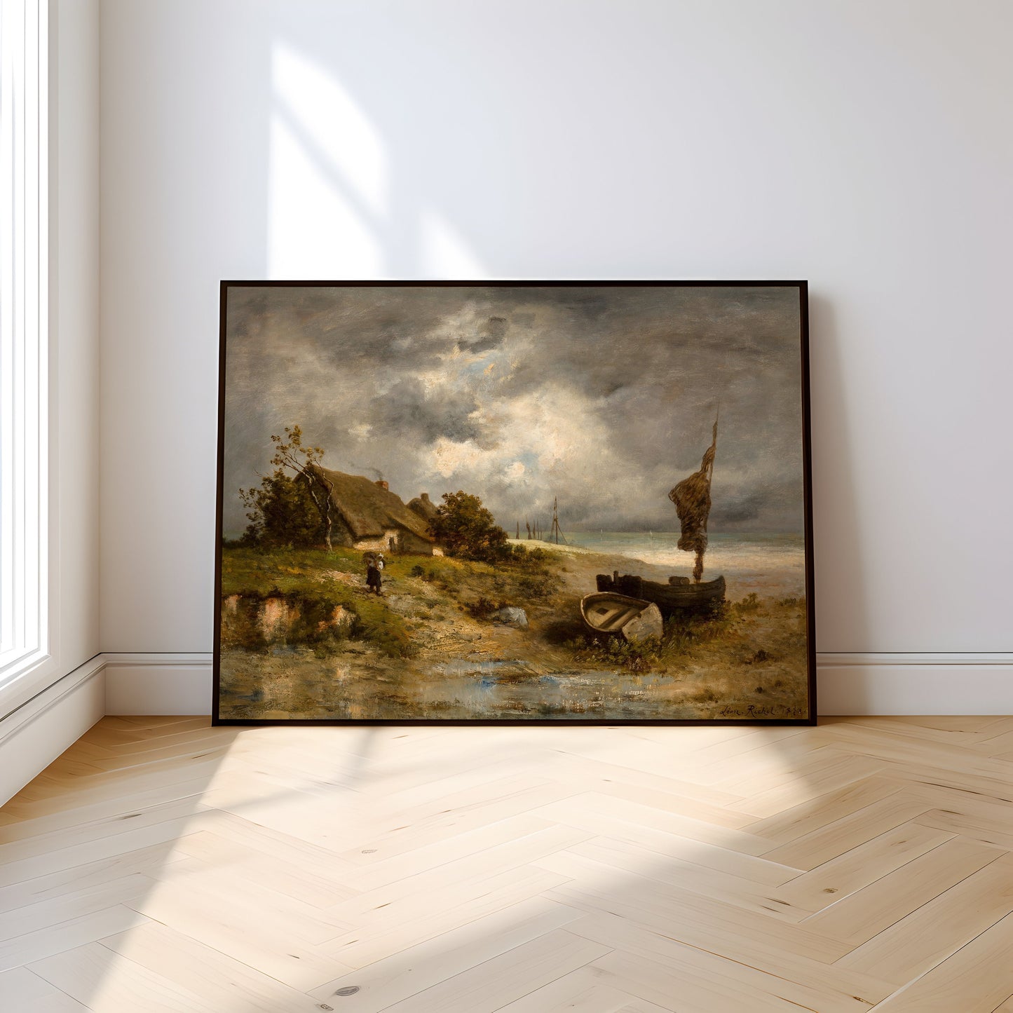Leon Richet - Farmhouse by Sea , Rustic Landscape Original vintage painting , Printable fine art instant download , SKU 345LR