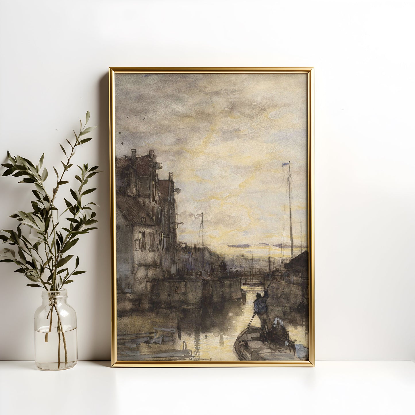 Jacob Maris - Cityscape at Night, Original vintage watercolour painting, Printable fine art  instant download,  SKU  362JM