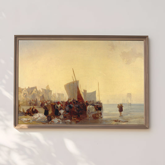 Richard Bonington - Fishmarket, Seascape original antique oil painting  vintage, Printable art  instant download, SKU  271RPB