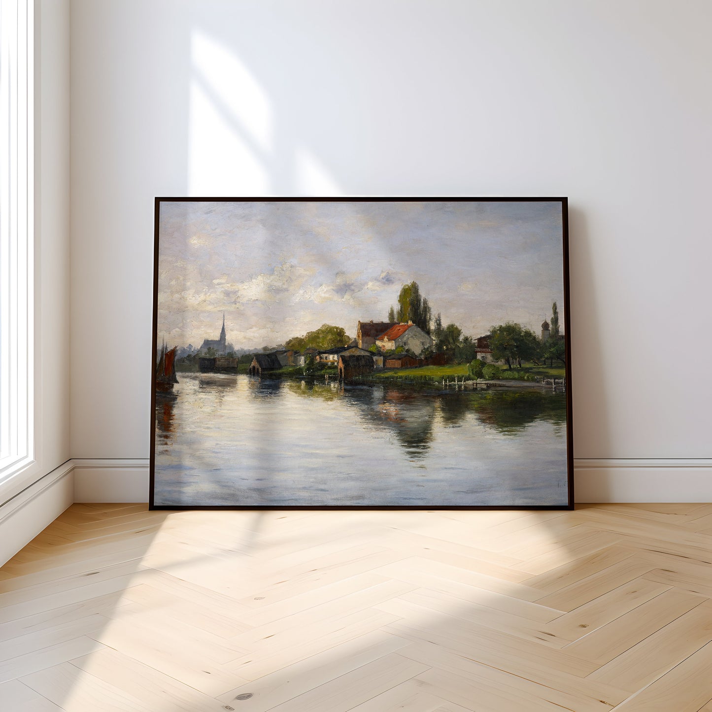 Fine Art America, Theodore Clement Steele - Village on River, Original antique painting, vintage Printable art instant download, SKU  277TCS