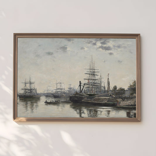 Sailboats in Harbor - Eugene Boudin, Seascape original antique oil painting  vintage, Printable art  instant download,  SKU  279EB