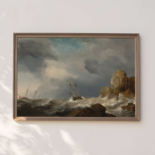 Dutch painting, Ships in Gale - Willem van de Velde, Seascape original vintage oil painting, Printable art instant download, SKU  280WV