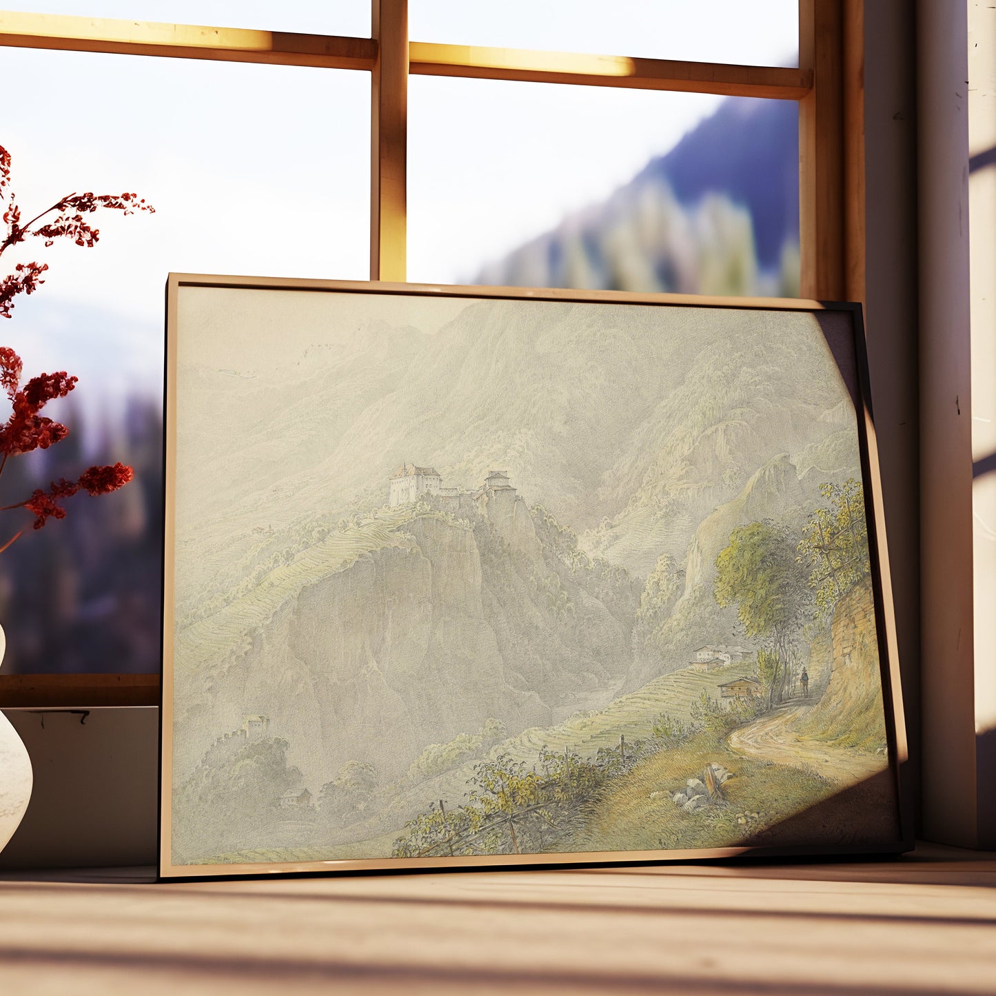 Mountain Landscape - Tyrol Castle in Merano, 19th century, watercolour original vintage painting, antique Printable art, SKU - 373NI