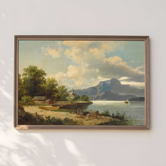 Austrian painting , Josef Thoma - Village by Lake , Original antique fine art , vintage Printable art instant download , SKU 295JT