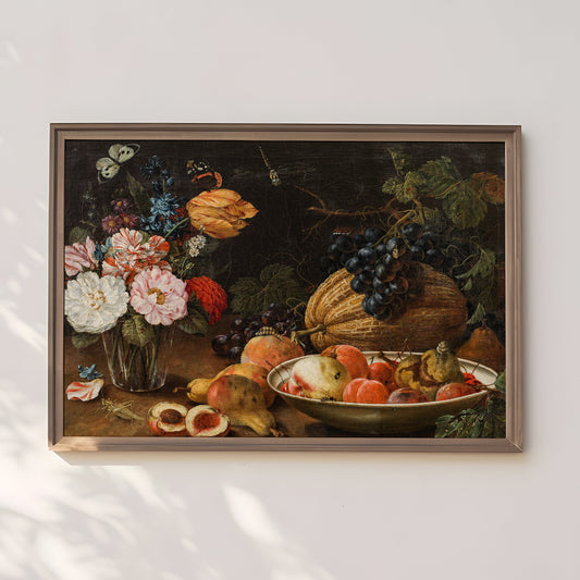 Johann Amandus Winck - Fruit still Life, flowers and insects, original antique fine art vintage, Printable art instant download, SKU  297JAW