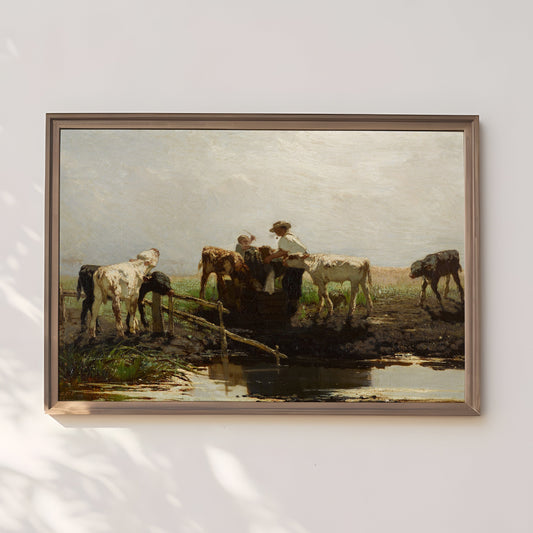 Rustic Landscape, Willem Maris - Calves at Trough, Original vintage painting, Printable fine art  instant download,  SKU  288WM
