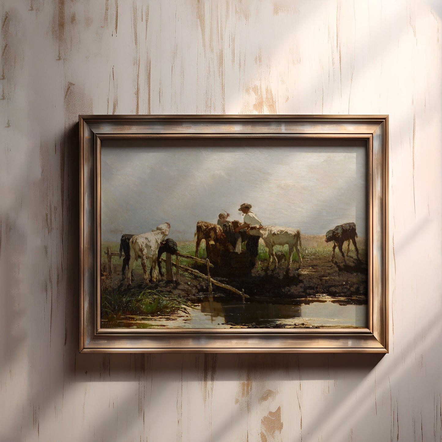 Rustic Landscape, Willem Maris - Calves at Trough, Original vintage painting, Printable fine art  instant download,  SKU  288WM