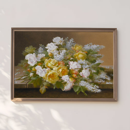 Still Life Flowers, Raoul Longpre - White and Yellow Roses, original antique fine art  vintage, Printable art  instant download, SKU  325RL