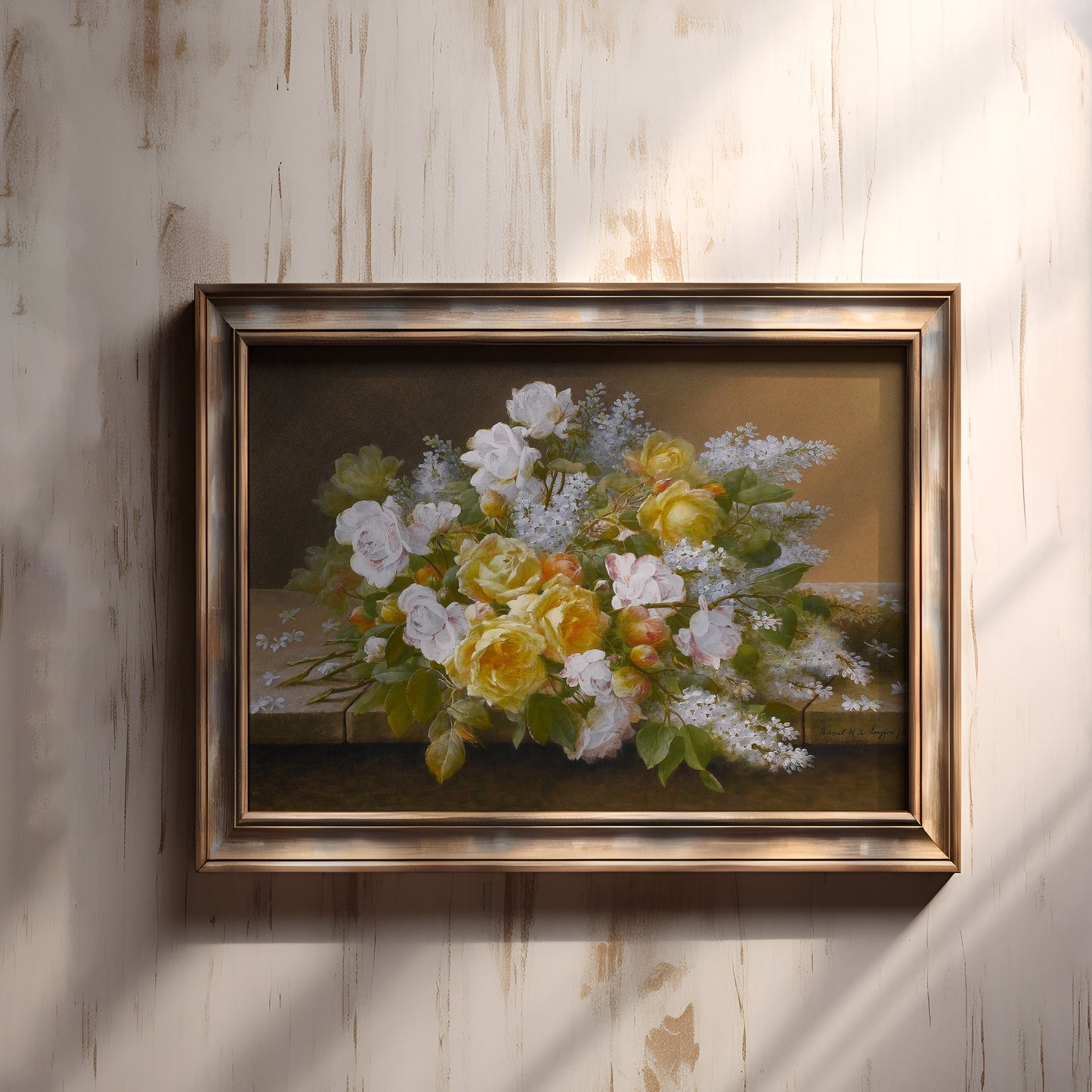 Still Life Flowers, Raoul Longpre - White and Yellow Roses, original antique fine art  vintage, Printable art  instant download, SKU  325RL