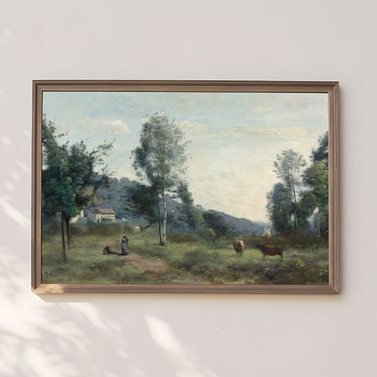 Landscape , Camille Corot - Peasant Graze Cows , 19th century Original antique painting , vintage Printable art instant download , SKU 334CC