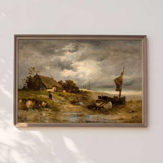 Leon Richet - Farmhouse by Sea , Rustic Landscape Original vintage painting , Printable fine art instant download , SKU 345LR