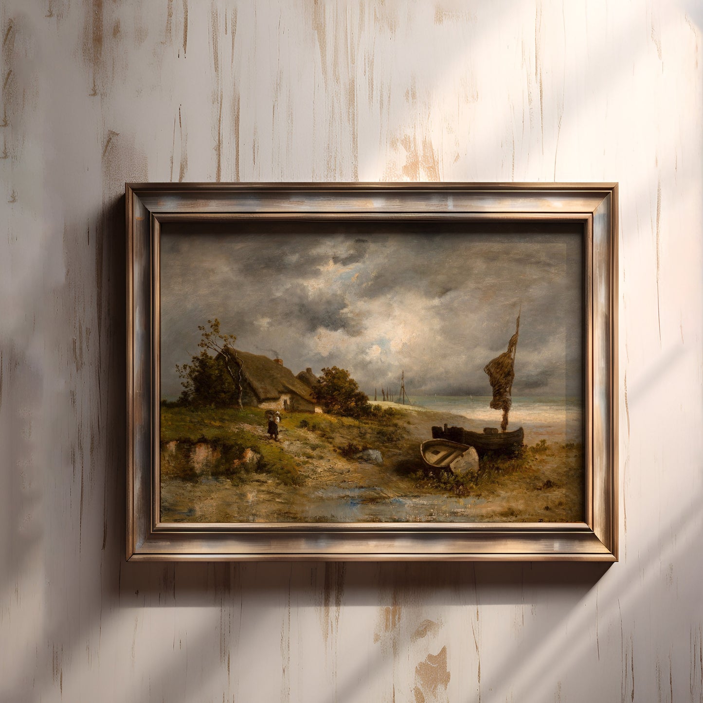 Leon Richet - Farmhouse by Sea , Rustic Landscape Original vintage painting , Printable fine art instant download , SKU 345LR