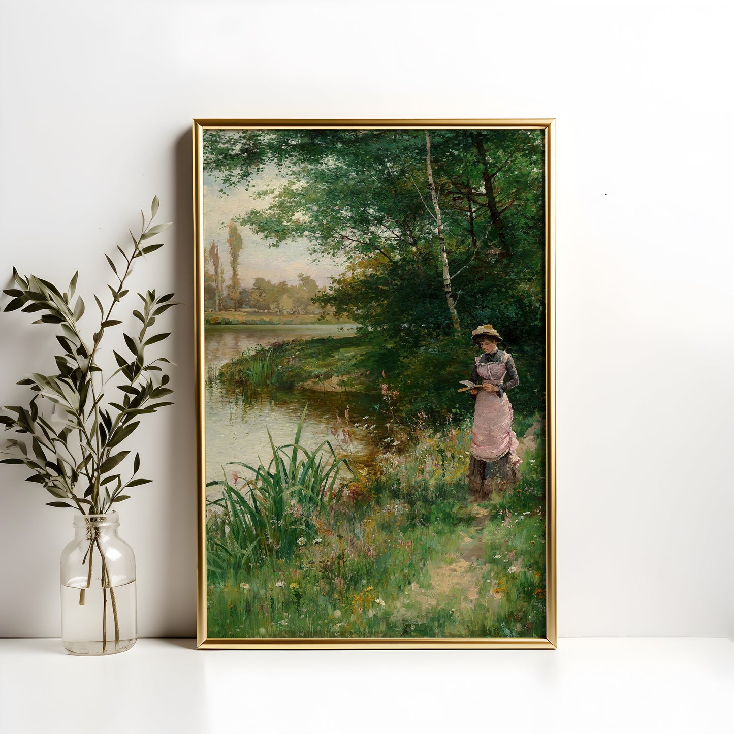 Alfred Glendening - Lady Walk by River , Original antique painting , vintage Printable fine art instant download , SKU 357AAG