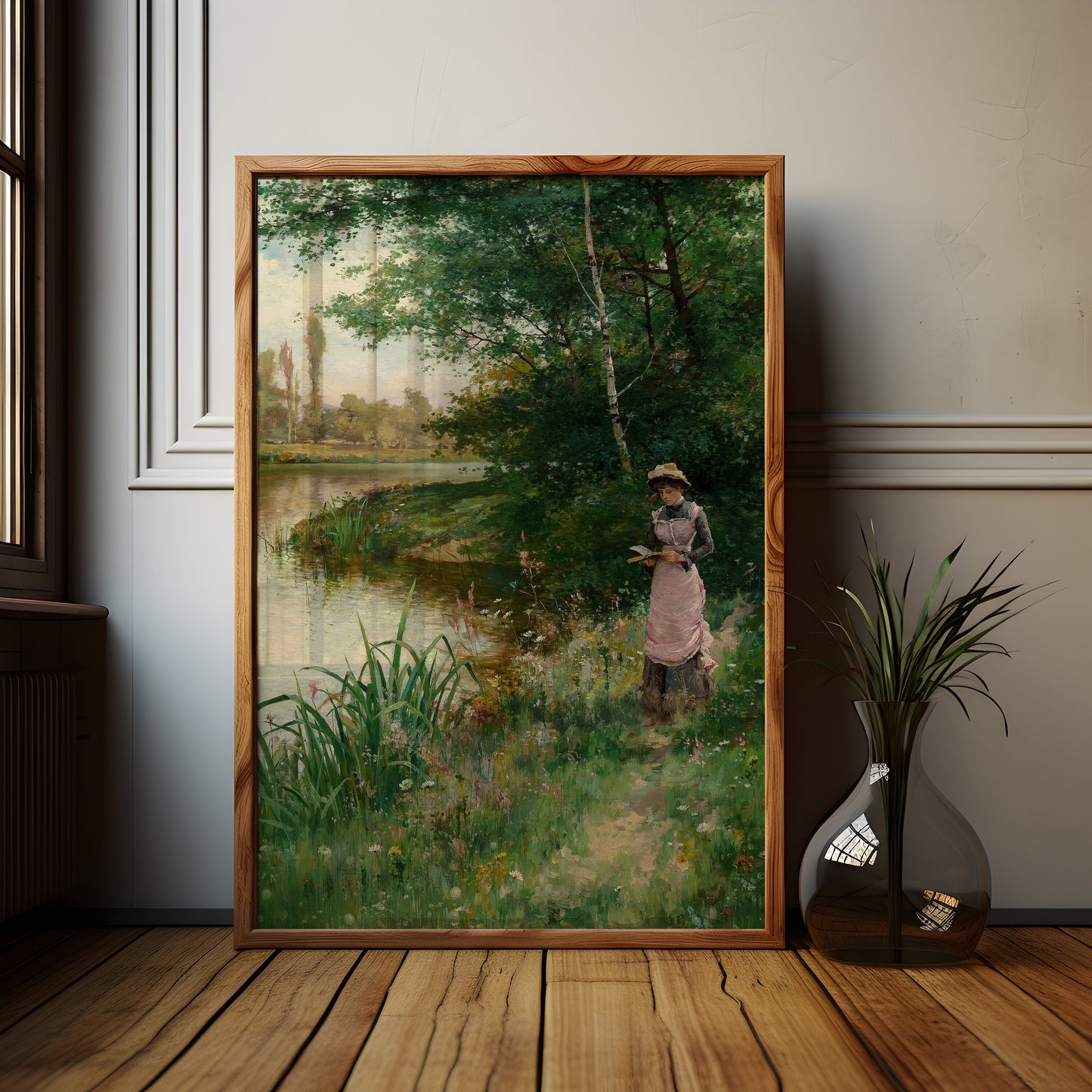 Alfred Glendening - Lady Walk by River , Original antique painting , vintage Printable fine art instant download , SKU 357AAG