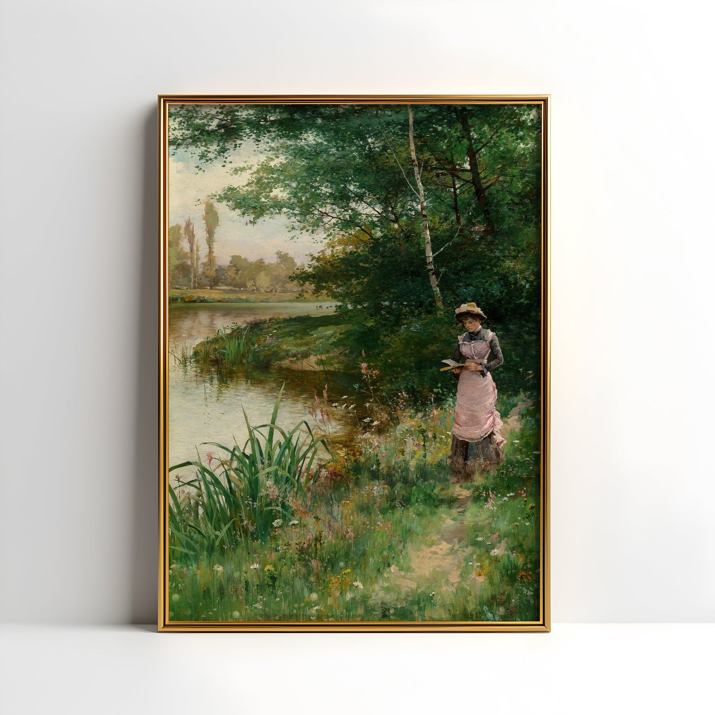 Alfred Glendening - Lady Walk by River , Original antique painting , vintage Printable fine art instant download , SKU 357AAG