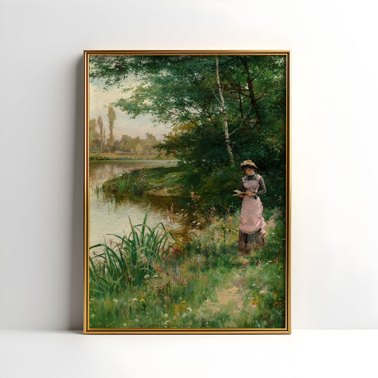 Alfred Glendening - Lady Walk by River , Original antique painting , vintage Printable fine art instant download , SKU 357AAG