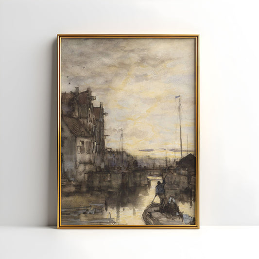 Jacob Maris - Cityscape at Night, Original vintage watercolour painting, Printable fine art  instant download,  SKU  362JM
