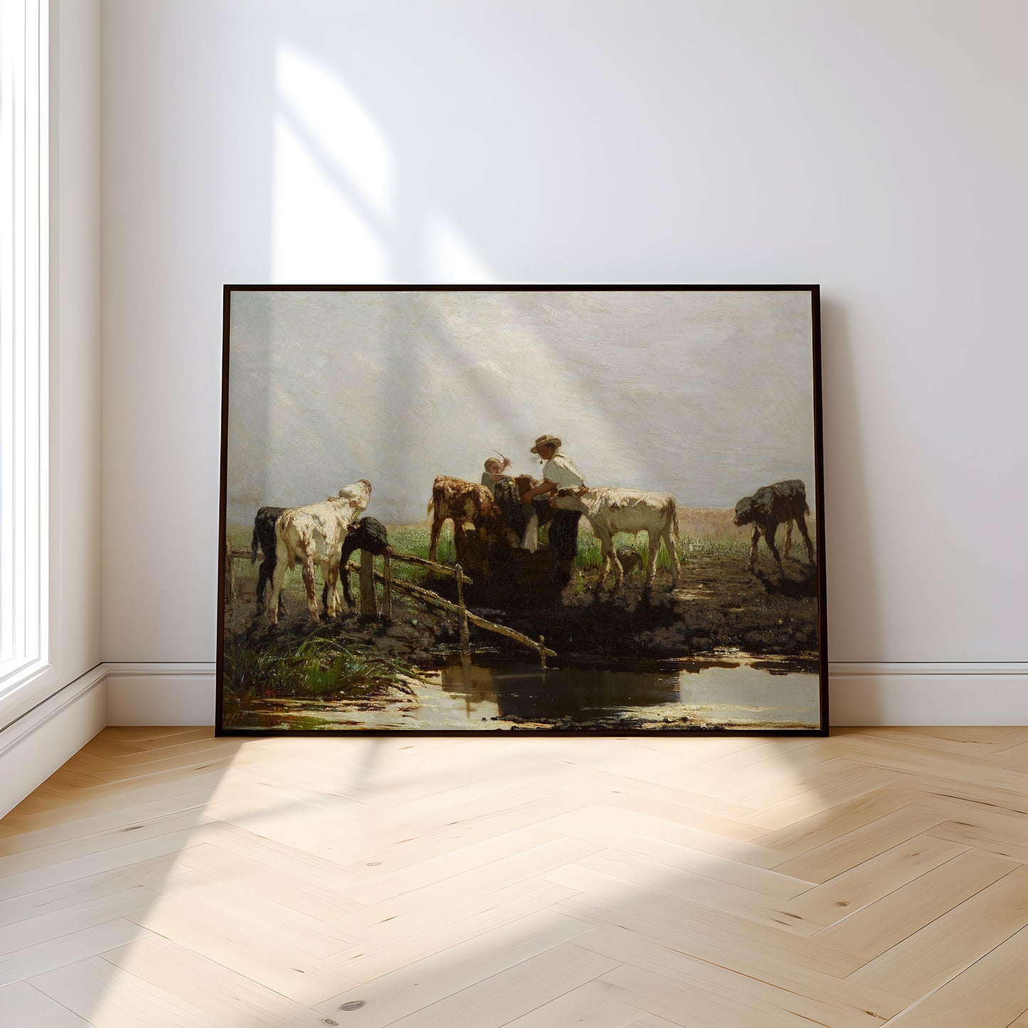 Rustic Landscape, Willem Maris - Calves at Trough, Original vintage painting, Printable fine art  instant download,  SKU  288WM