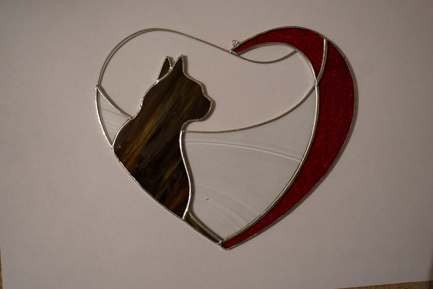 Black Cat in Red Heart . Art stained glass window hanging Suncatcher . Gift for animal lover , pet loss memorial