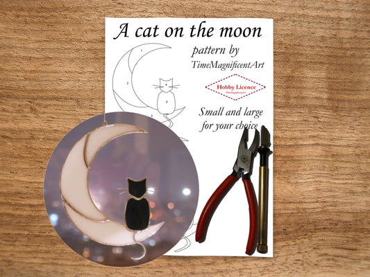 Stained Glass Pattern - Cat on Moon , Digital PDF file download , Hobby license