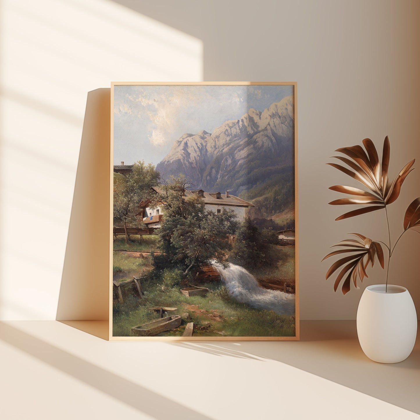 Carl Haunold, Austrian village in the mountains, original antique painting, oil, vintage, Printable art instant download, SKU  K-CH70