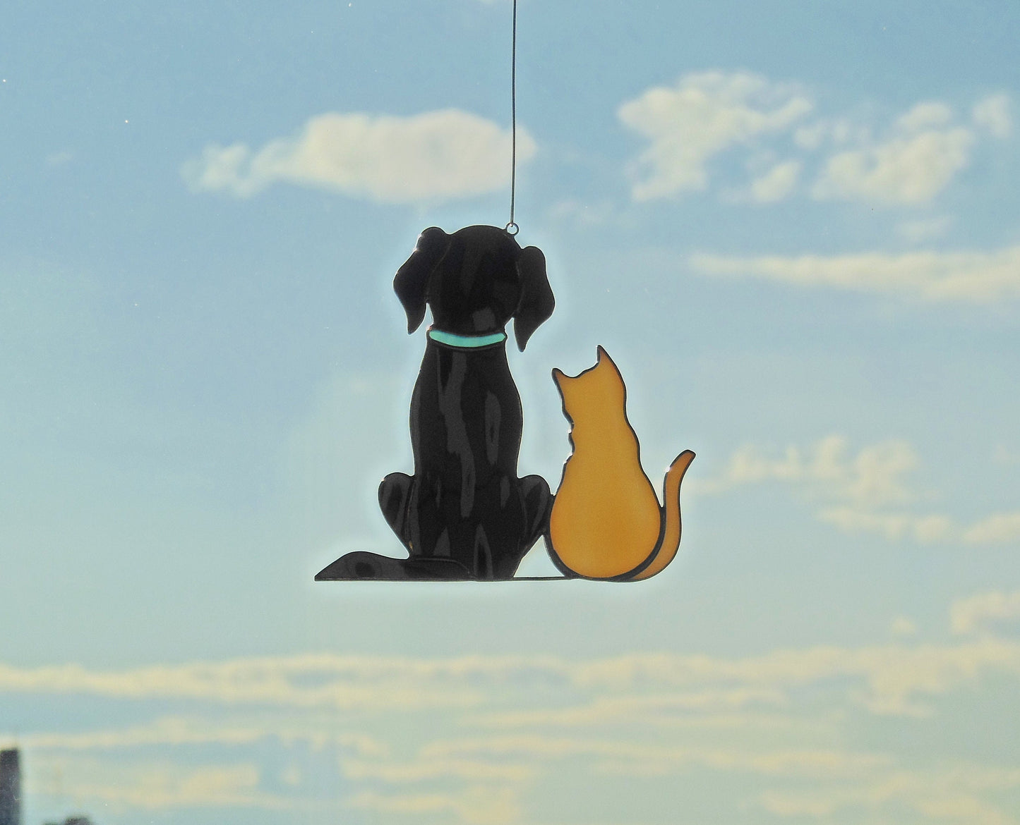 Dog and Cat , Retriever Labrador , Art stained glass hanging . Gift animal lover , pet loss memorial , Golden , black , white , gray , beige