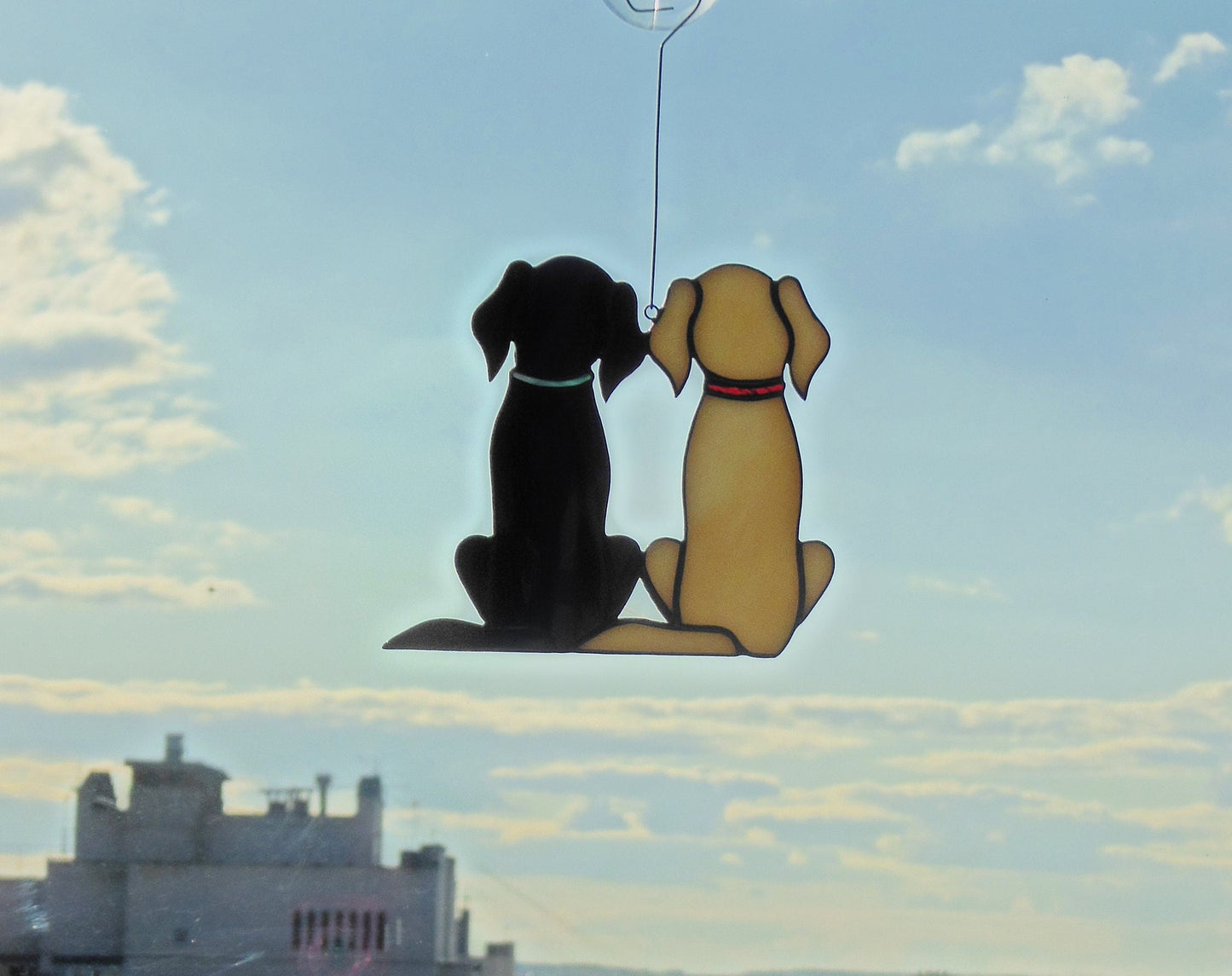 Two Dogs Retriever Labrador , Black and Golden , Art stained glass window hanging Suncatcher . Gift for animal lover , pet loss memorial