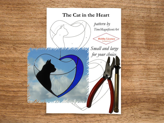 Stained Glass Pattern - Cat in Heart , Digital PDF file download , Hobby license