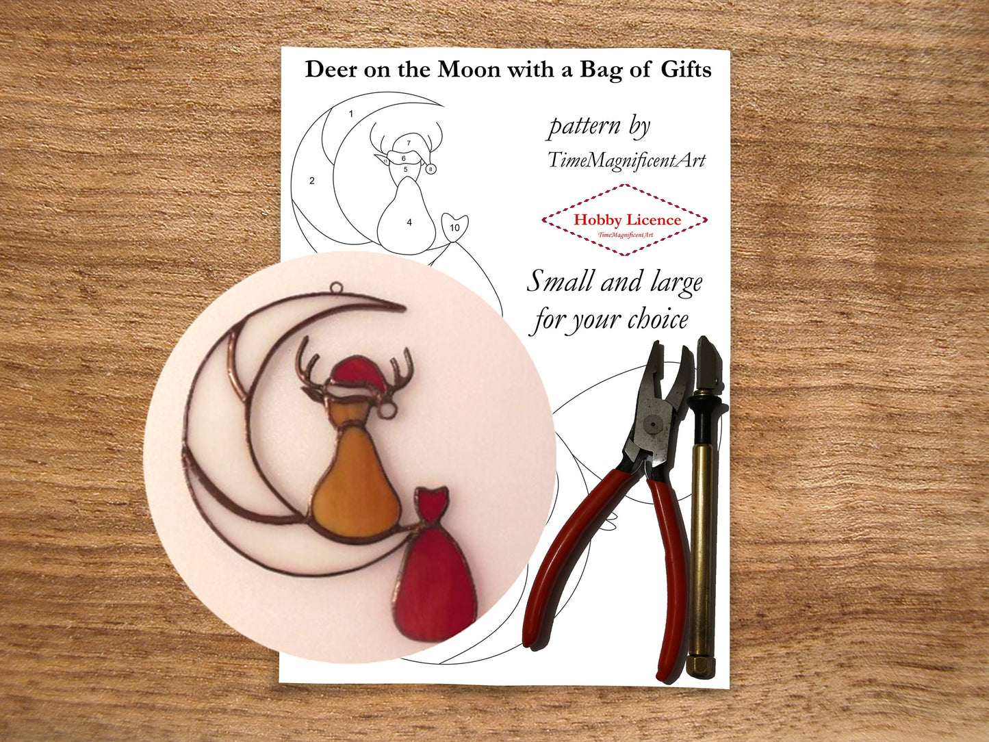 Christmas Stained Glass Pattern - Deer on Moon with Bag of Gifts , Digital PDF file download , Hobby license