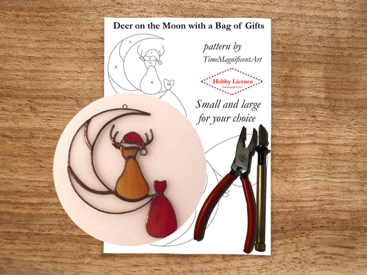 Christmas Stained Glass Pattern - Deer on Moon with Bag of Gifts , Digital PDF file download , Hobby license