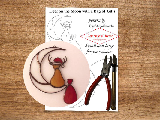 Christmas Stained Glass Pattern - Deer on Moon with Bag of Gifts , Digital PDF file download , Commercial license