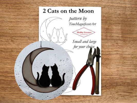 Stained Glass Pattern - Two Cats on Moon , Digital PDF file download , Hobby license