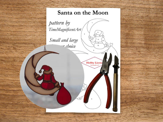 Christmas Stained Glass Pattern - Santa Claus on Moon , Digital PDF file download , Hobby license