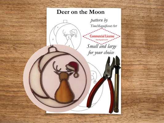 Christmas Stained Glass Pattern - Deer on Moon , Digital PDF file download , Commercial license