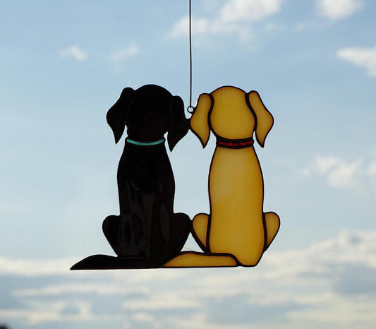 Two Dogs Retriever Labrador , Black and Golden , Art stained glass window hanging Suncatcher . Gift for animal lover , pet loss memorial