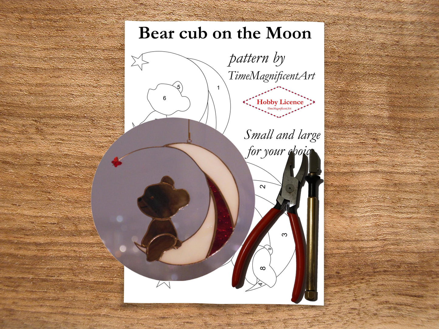 Stained Glass Pattern - Bear Cub on the Moon , Digital PDF file download , Hobby license
