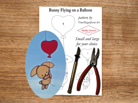 Stained Glass Pattern - Bunny Flying on Balloon , Digital PDF file download , Hobby license