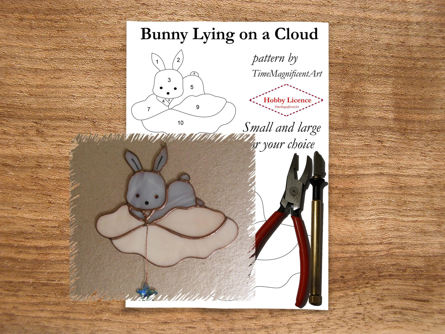 Stained Glass Pattern - Bunny Lying on Cloud , Digital PDF file download , Hobby license