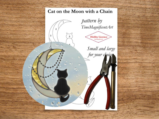 Stained Glass Pattern - Cat on Moon with Chain , Digital PDF file download , Hobby license