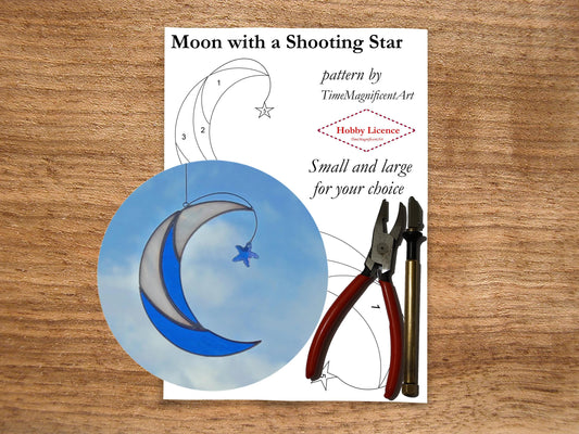 Stained Glass Pattern - Moon with Shooting Star , Digital PDF file download , Hobby license