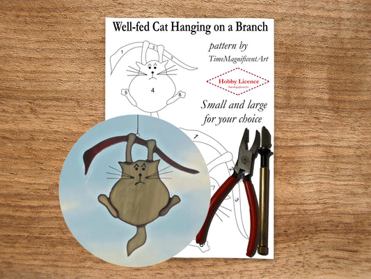 Stained Glass Pattern - Well-fed Cat Hanging on Branch , Digital PDF file download , Hobby license